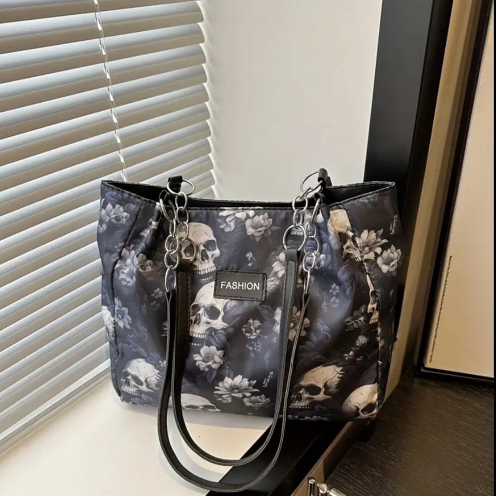 New SKULL PURSE Gothic Skull Print Tote Bag Shoulder Bag for Women